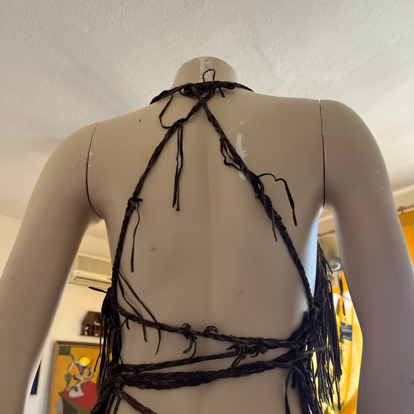 Brown Fringe Leather Halter Top - Picture 2 of 3